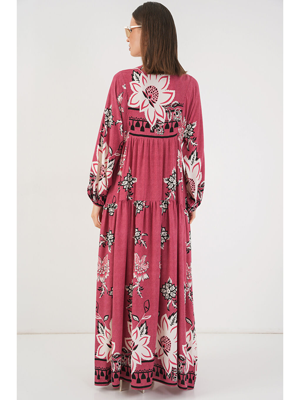 Pembe Kadın Desenli Uzun Tesettür Elbise 2585 - Gül Kurusu-5