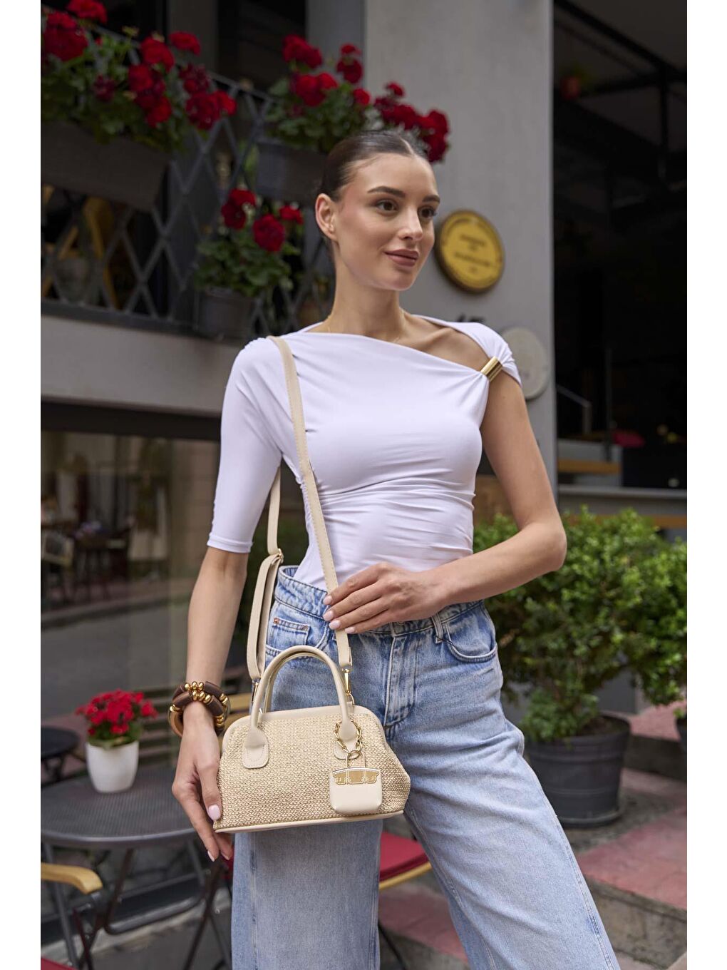 Ekru Hasır Dokulu Mini El Çantası Krem-4