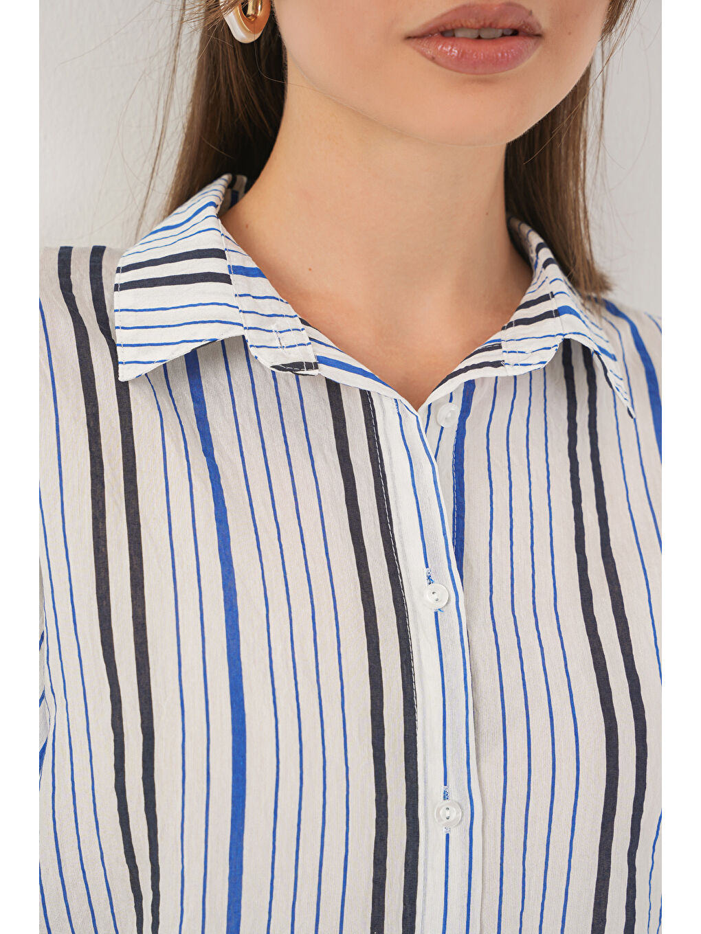 Kadın Çizgili Kısa Kol Gömlek 20345 - Lacivert-4