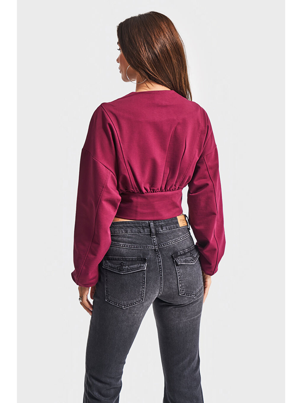 Kadın Bordo Renk w5-35 Bol Kesim Örme Esnek Kumaş Oversize Fermuarlı Sweatshirt-4