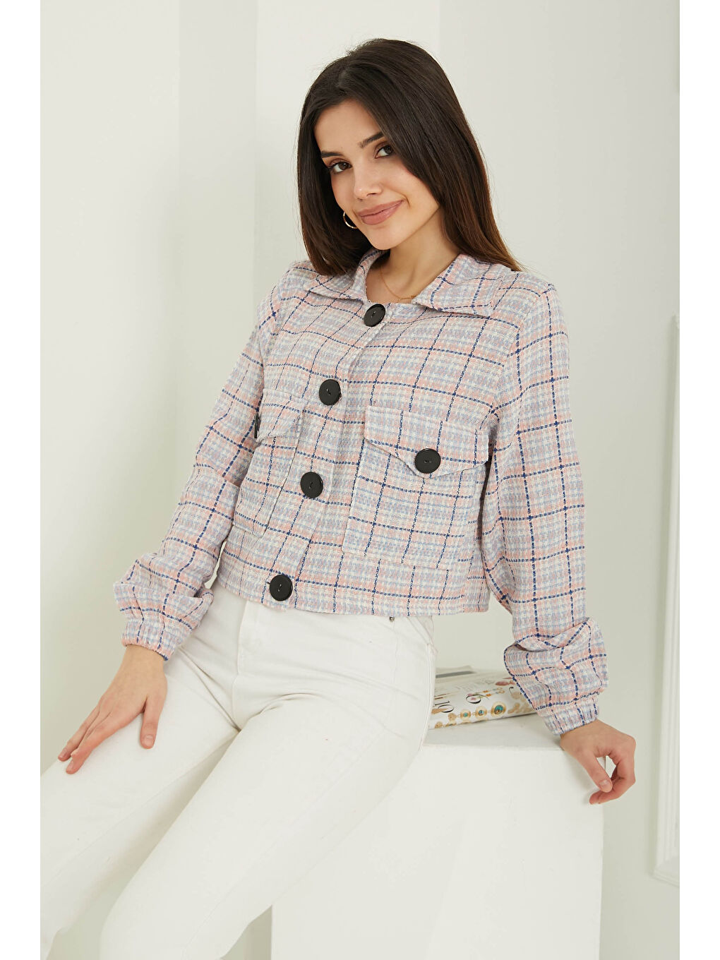 Pembe Kadın Gömlek Yaka Düğmeli Şanel Ceket Pudra - 13361-1