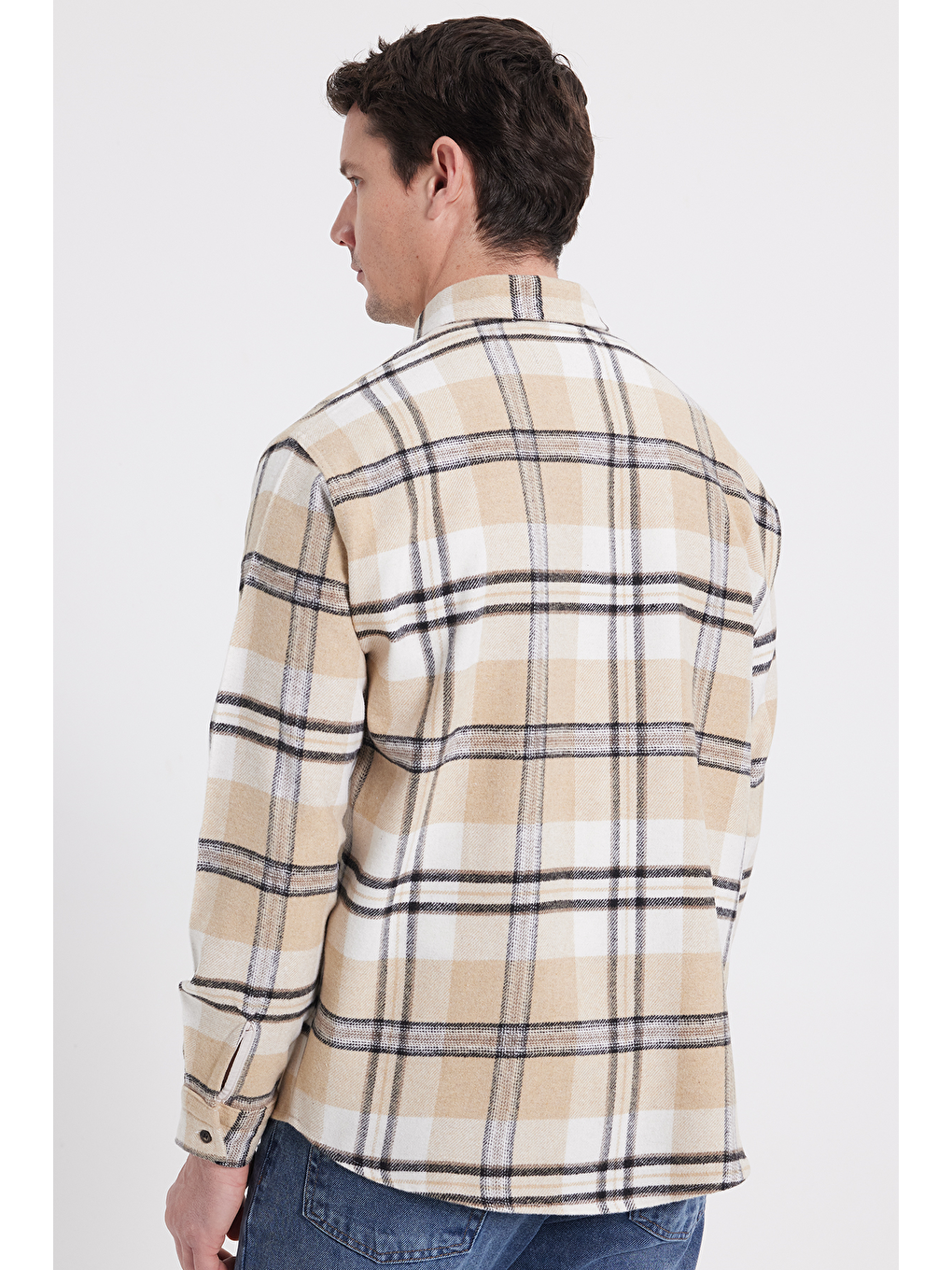 Bej Erkek Relax Fit Rahat Kesim Kışlık Kareli Oduncu Gömlek-5