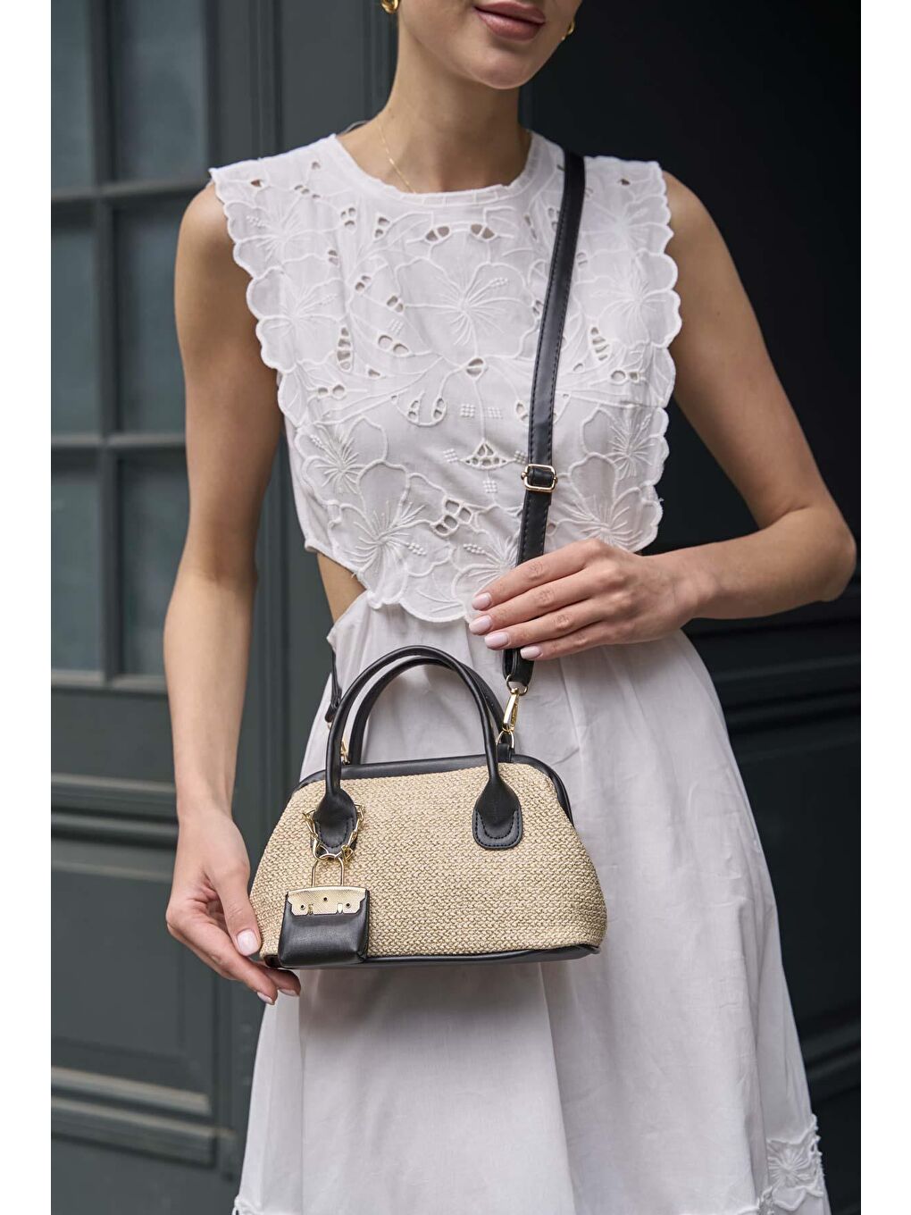 Hasır Dokulu Mini El Çantası Siyah