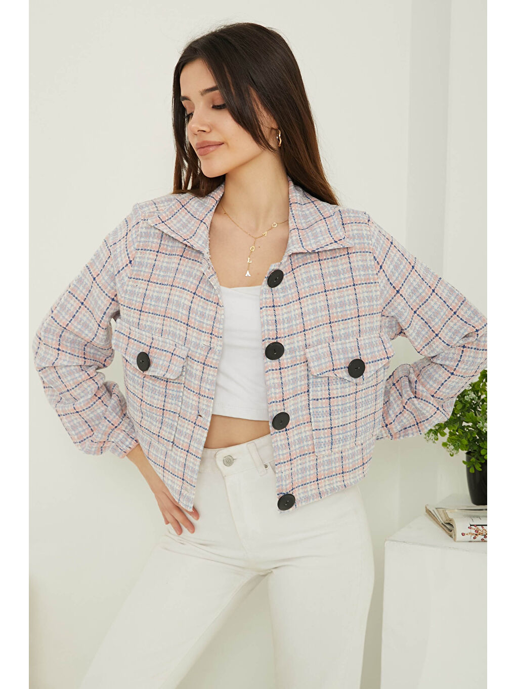 Pembe Kadın Gömlek Yaka Düğmeli Şanel Ceket Pudra - 13361-2