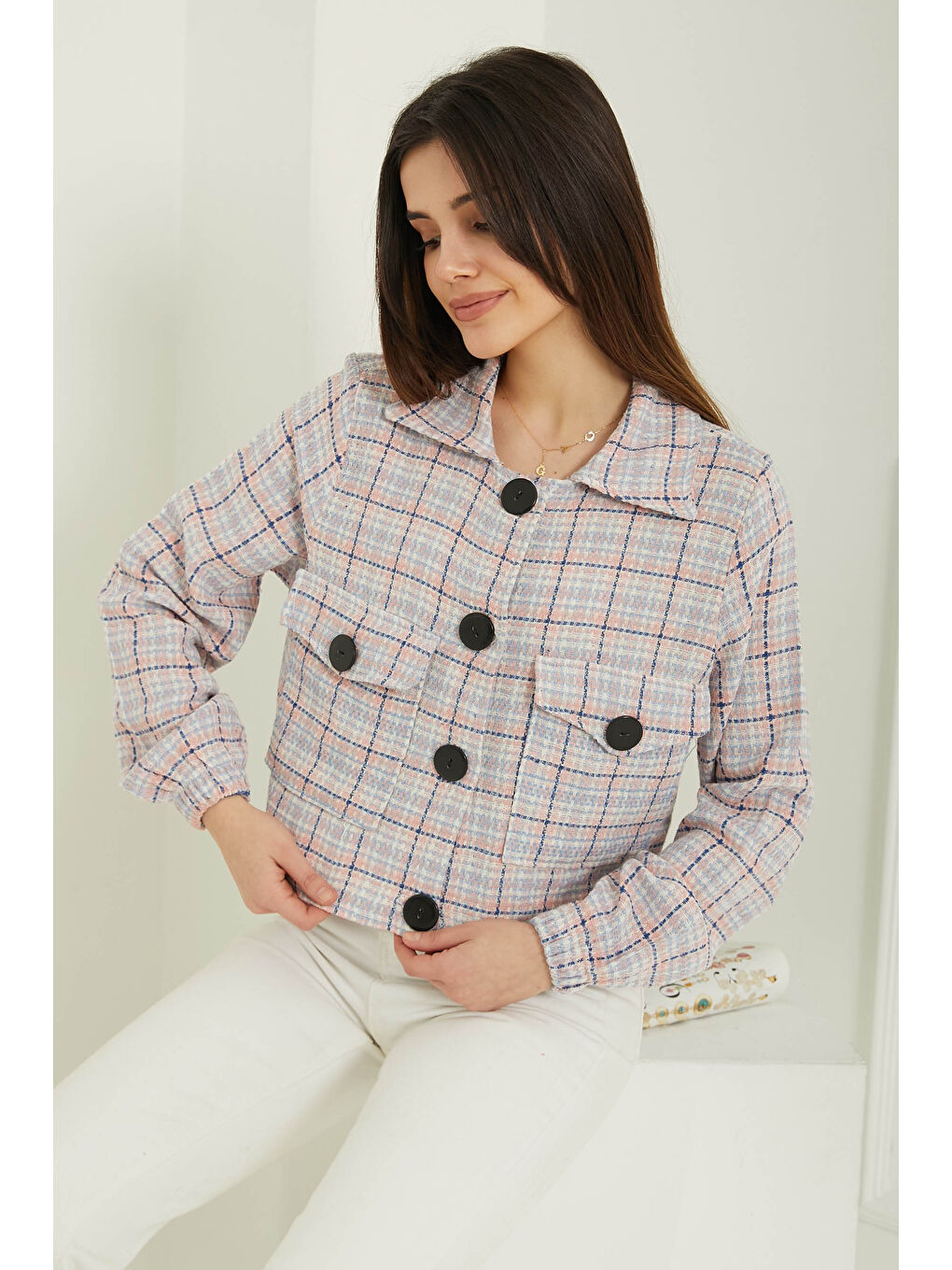 Pembe Kadın Gömlek Yaka Düğmeli Şanel Ceket Pudra - 13361-3