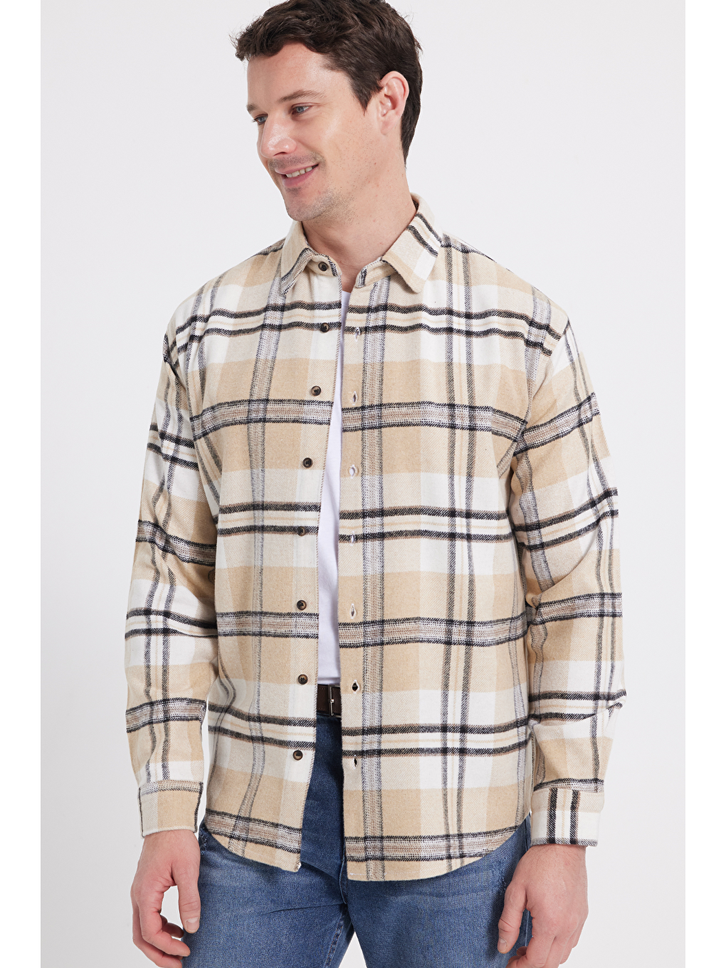 Bej Erkek Relax Fit Rahat Kesim Kışlık Kareli Oduncu Gömlek-6
