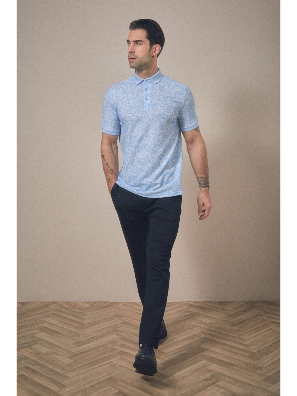 Mavi Baskılı Polo Yaka Tişört-1