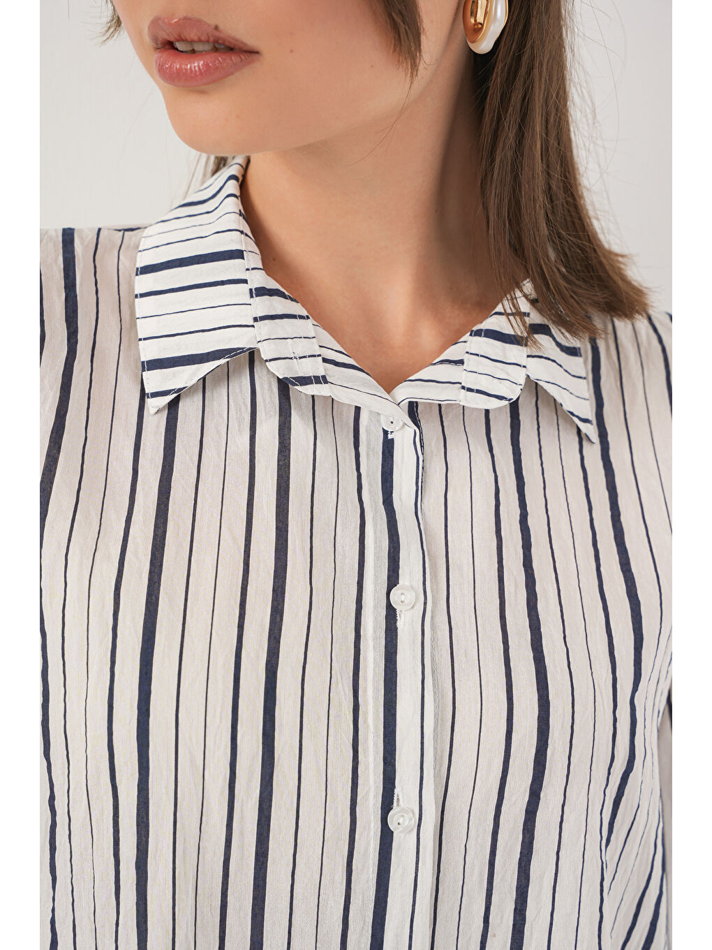 Kadın Çizgili Kısa Kol Gömlek 20345 - F.Lacivert-4