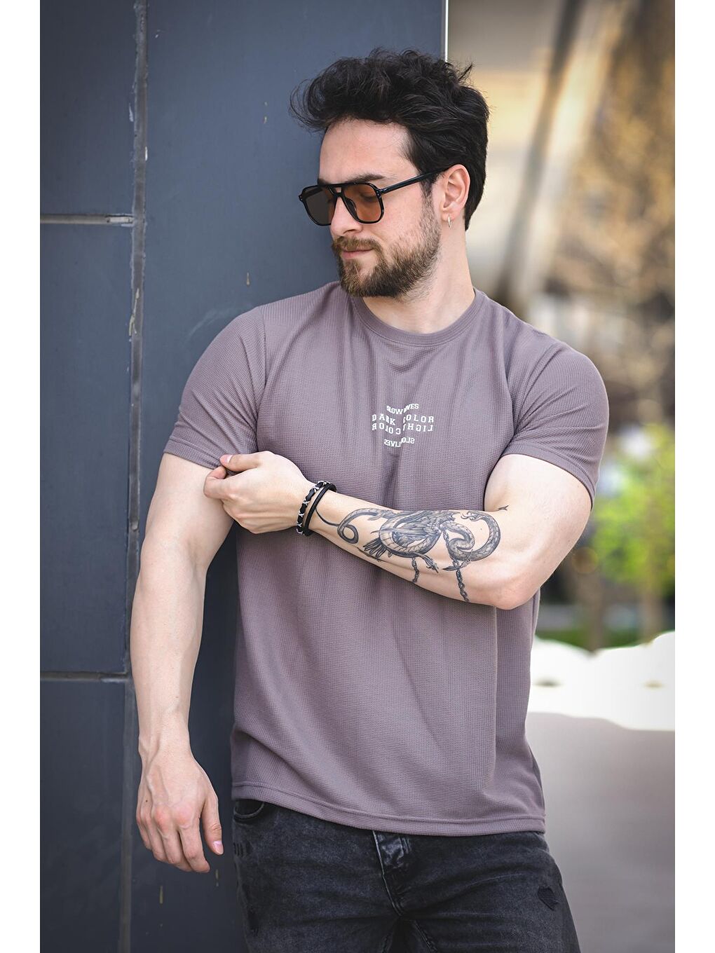 Gri Slow Lives Waffle Kumaş Bisiklet Yaka Baskılı Erkek Tshirt-1