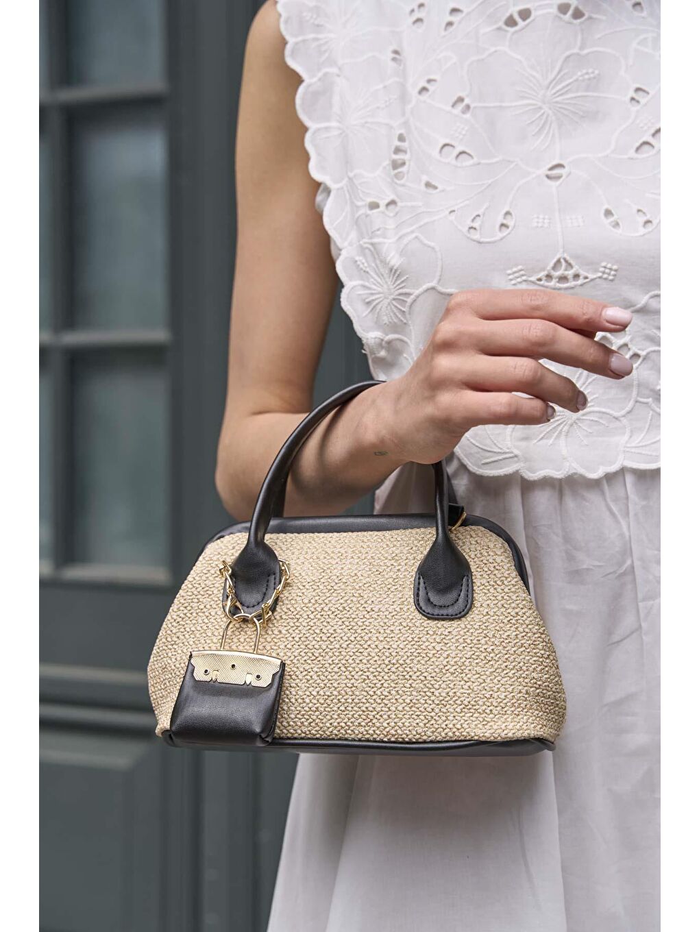 Hasır Dokulu Mini El Çantası Siyah-3