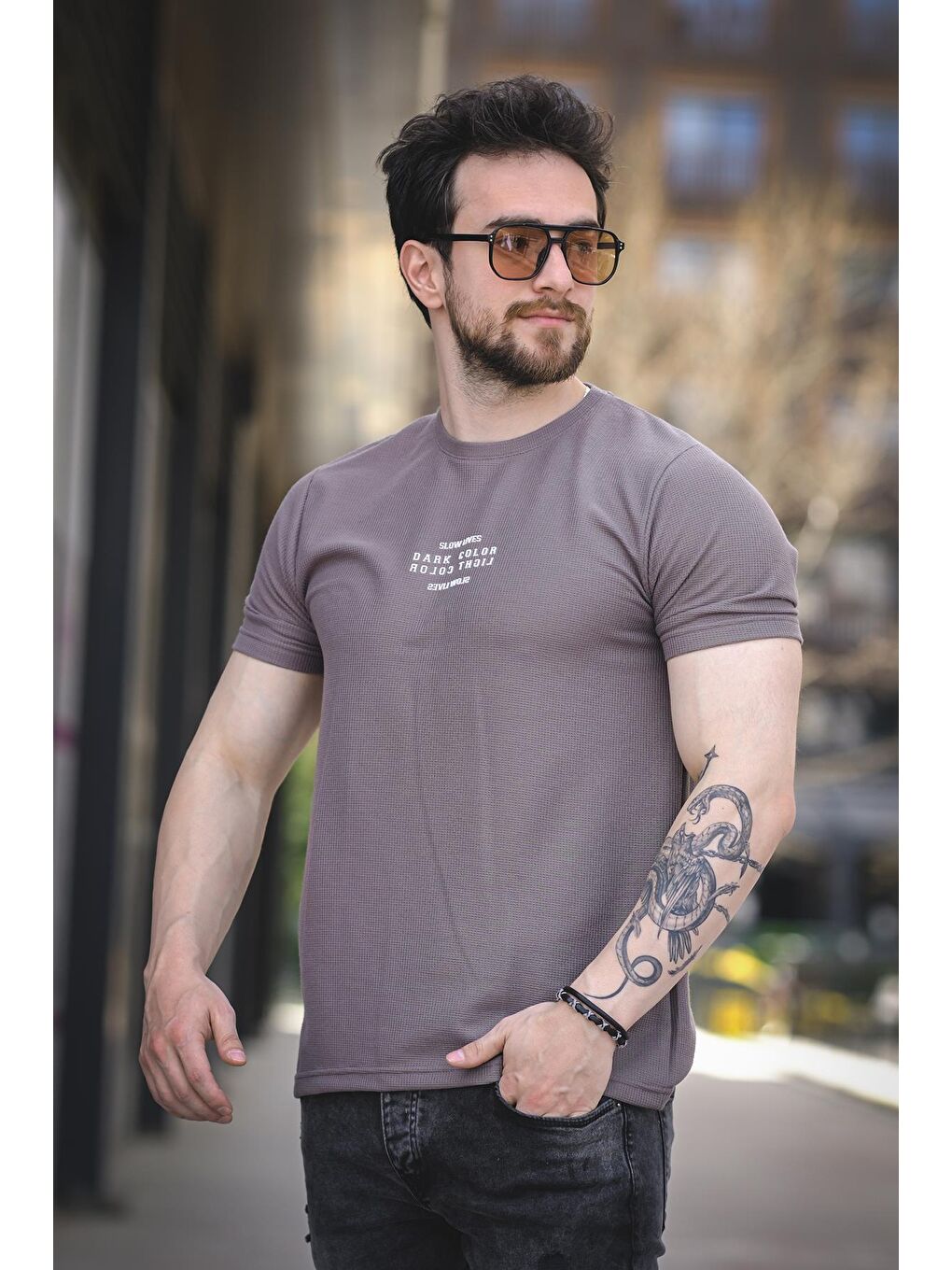 Gri Slow Lives Waffle Kumaş Bisiklet Yaka Baskılı Erkek Tshirt-2