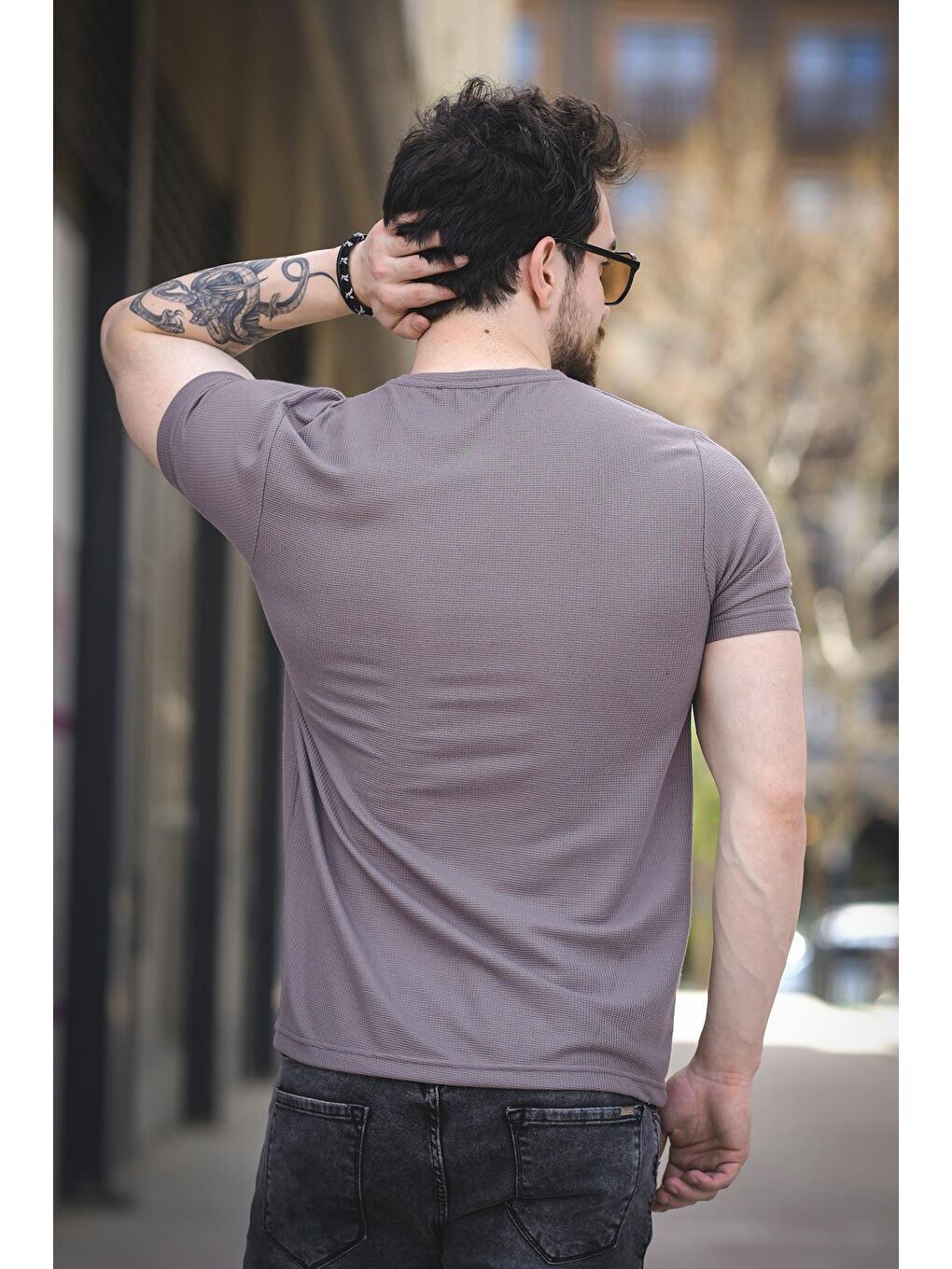 Gri Slow Lives Waffle Kumaş Bisiklet Yaka Baskılı Erkek Tshirt-3