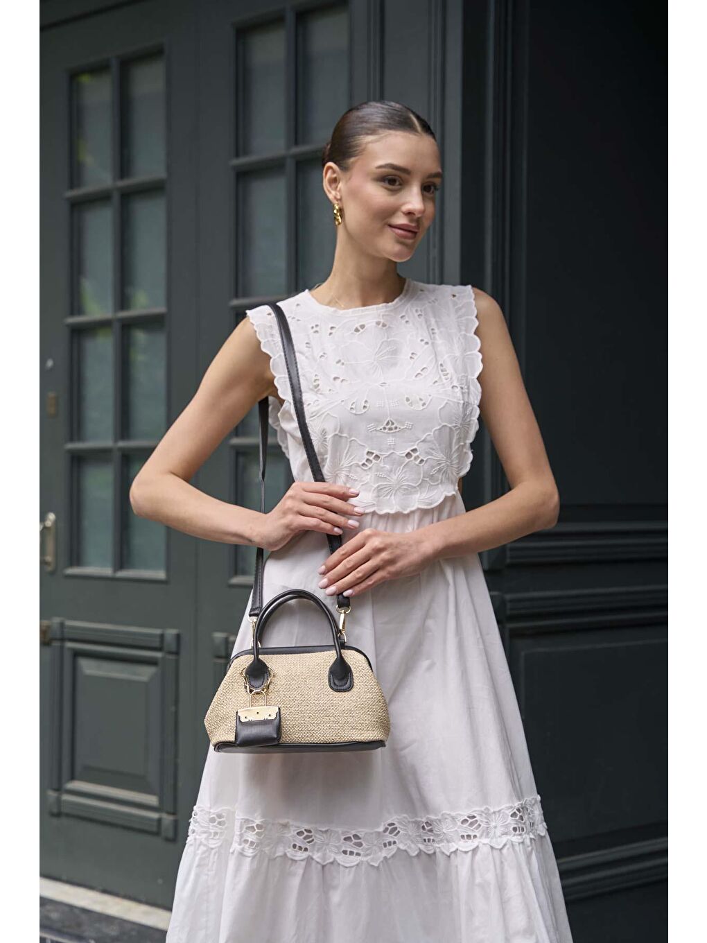 Hasır Dokulu Mini El Çantası Siyah-4