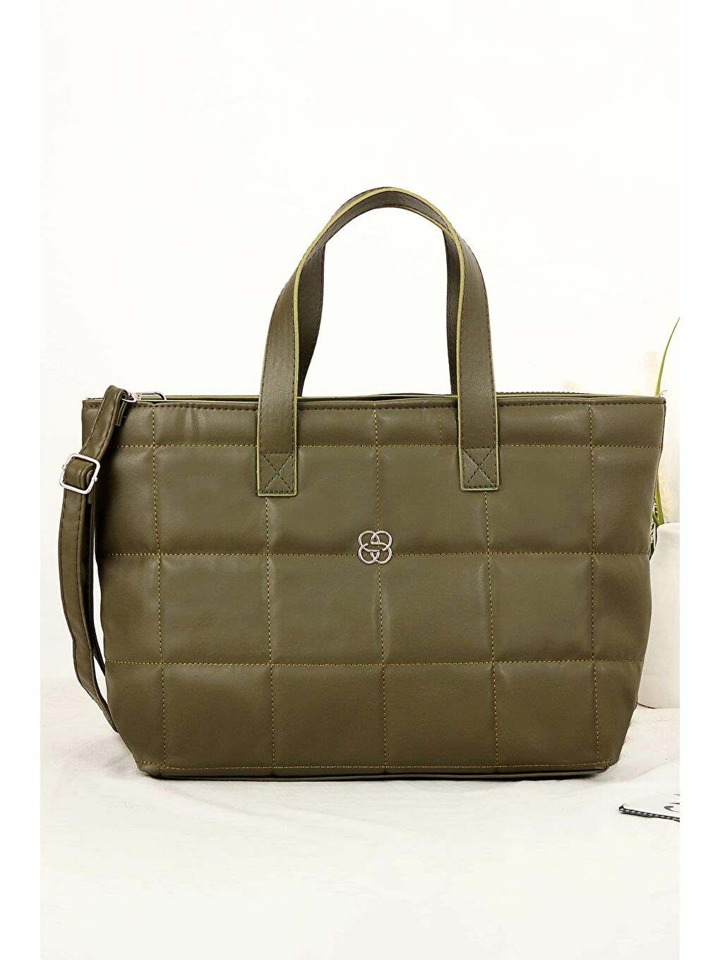 Haki Nori Kare Nakışlı Shopper Kadın Omuz Çantası BP-4771O