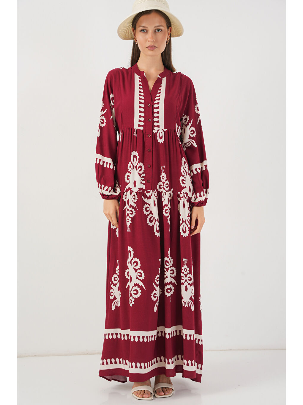 Kadın Desenli Uzun Tesettür Elbise 2585 - A.Bordo