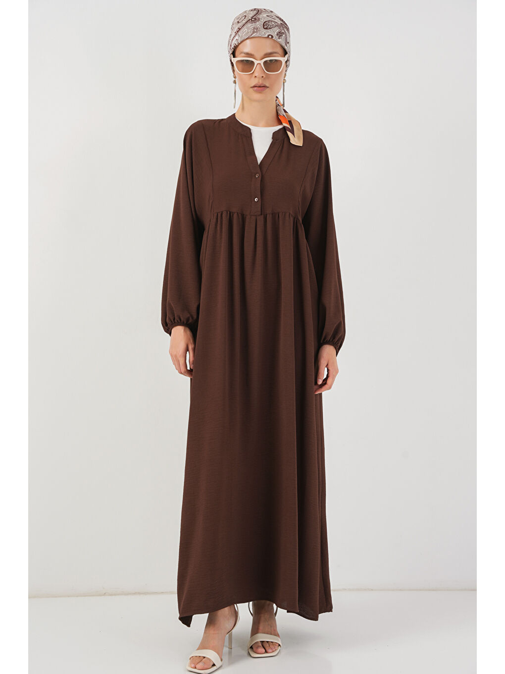 Kadın Uzun Tesettür Elbise 2525 - Kahverengi-2