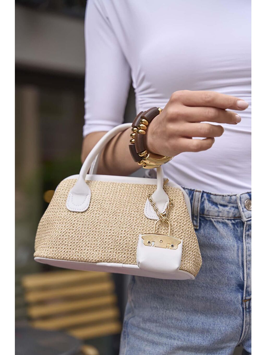 Hasır Dokulu Mini El Çantası Beyaz-1