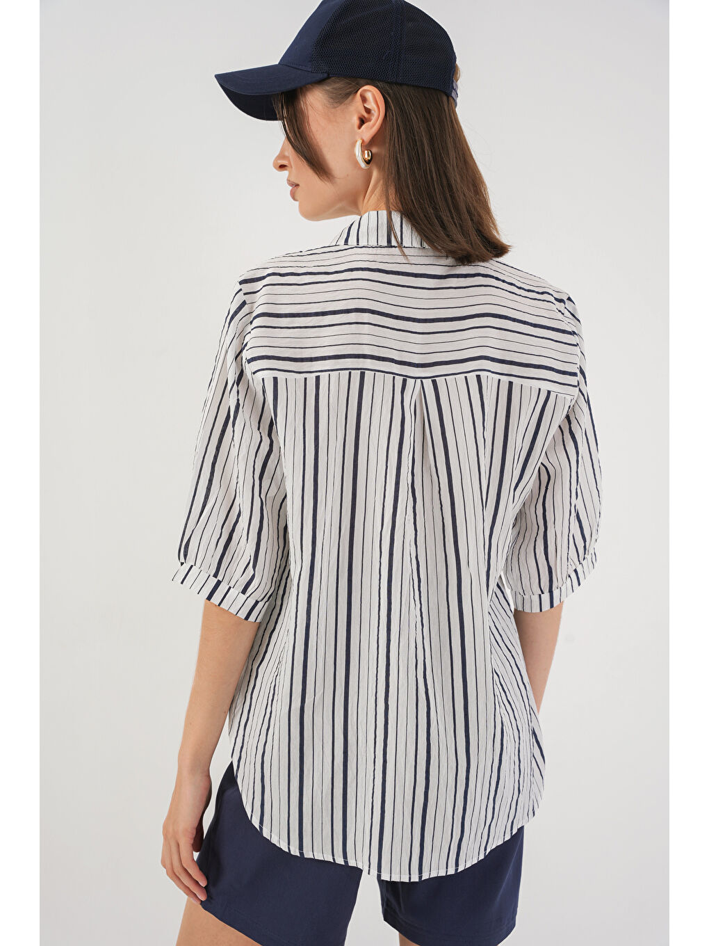 Kadın Çizgili Kısa Kol Gömlek 20345 - F.Lacivert-5
