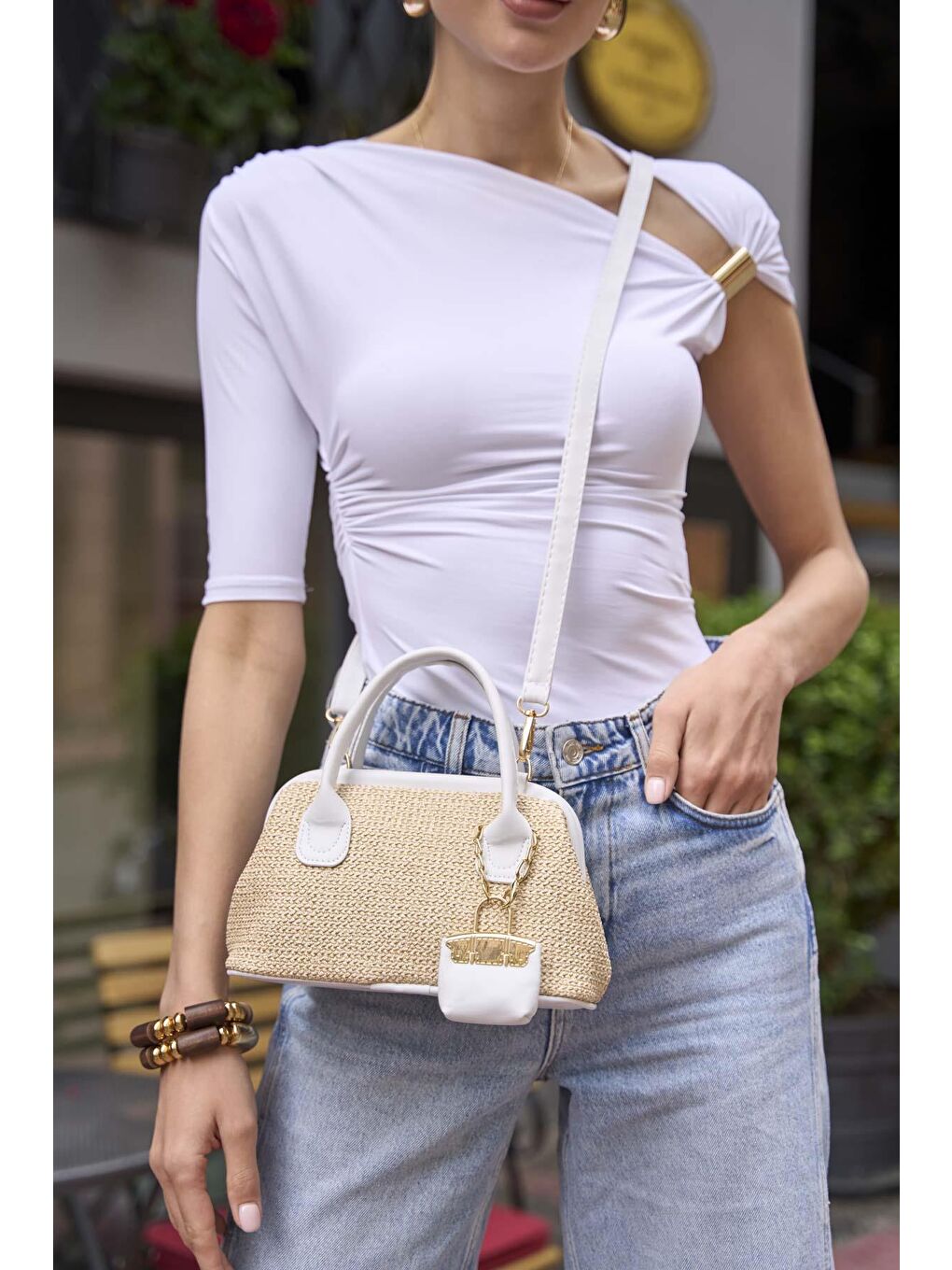 Hasır Dokulu Mini El Çantası Beyaz-2