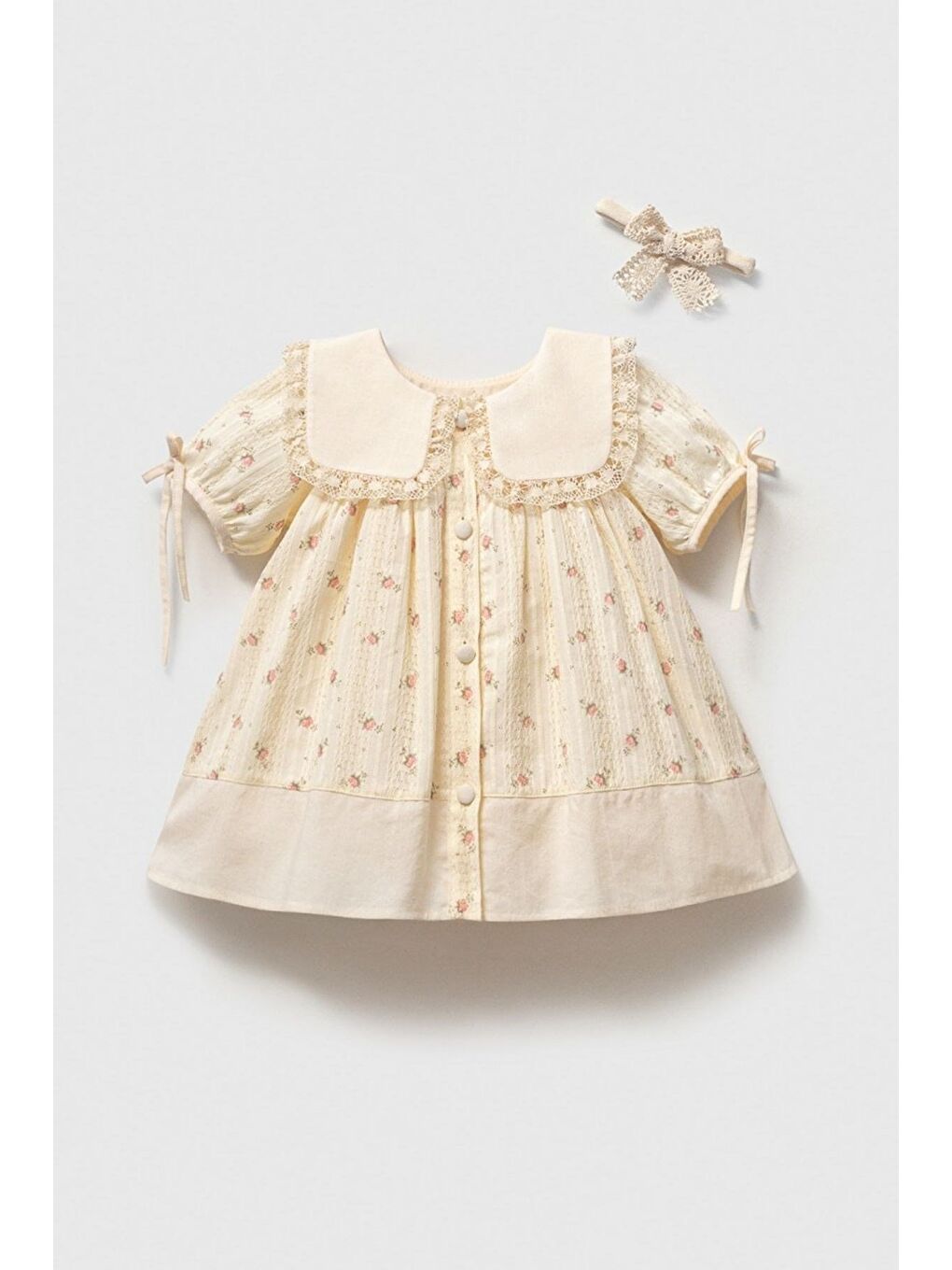 Ekru Dantel Yakalı Çiçekli Kız Bebek Elbise Ve Bandana Takımı
