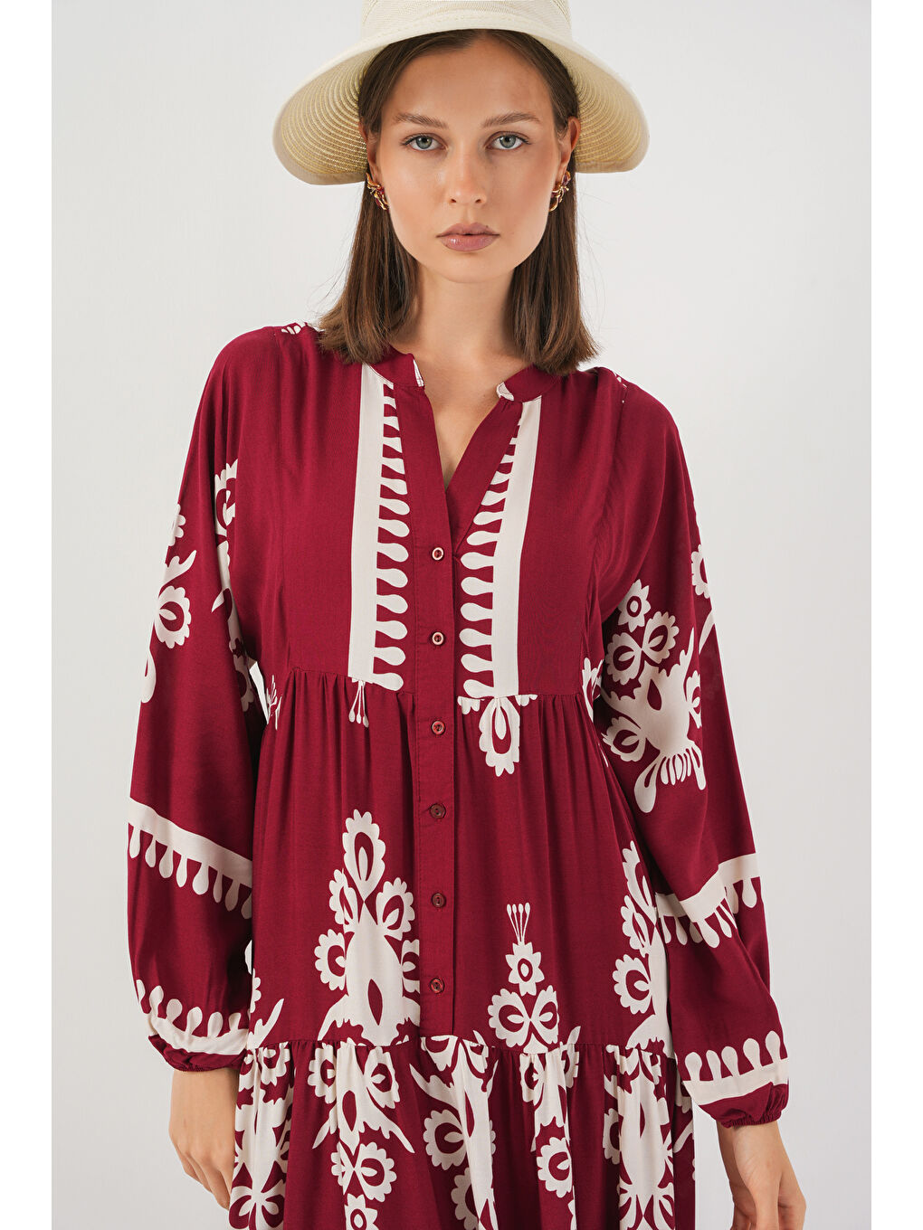 Kadın Desenli Uzun Tesettür Elbise 2585 - A.Bordo-1