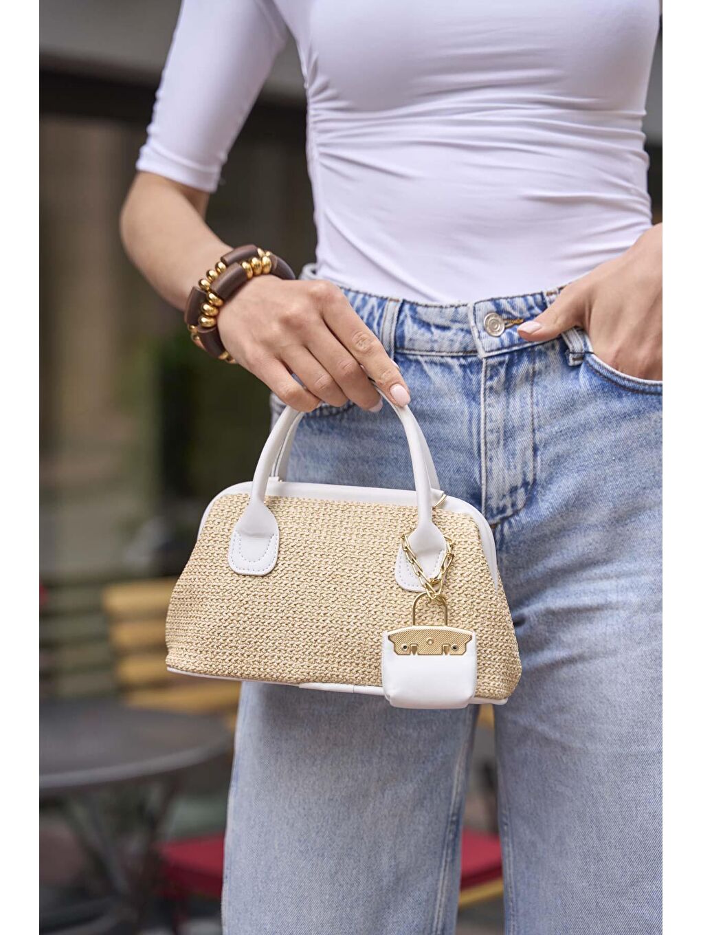 Hasır Dokulu Mini El Çantası Beyaz-3