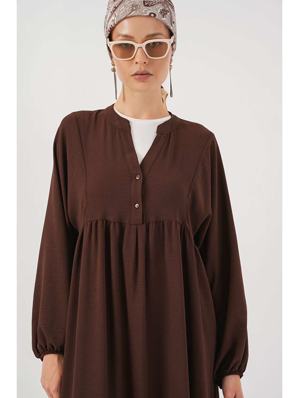 Kadın Uzun Tesettür Elbise 2525 - Kahverengi-3