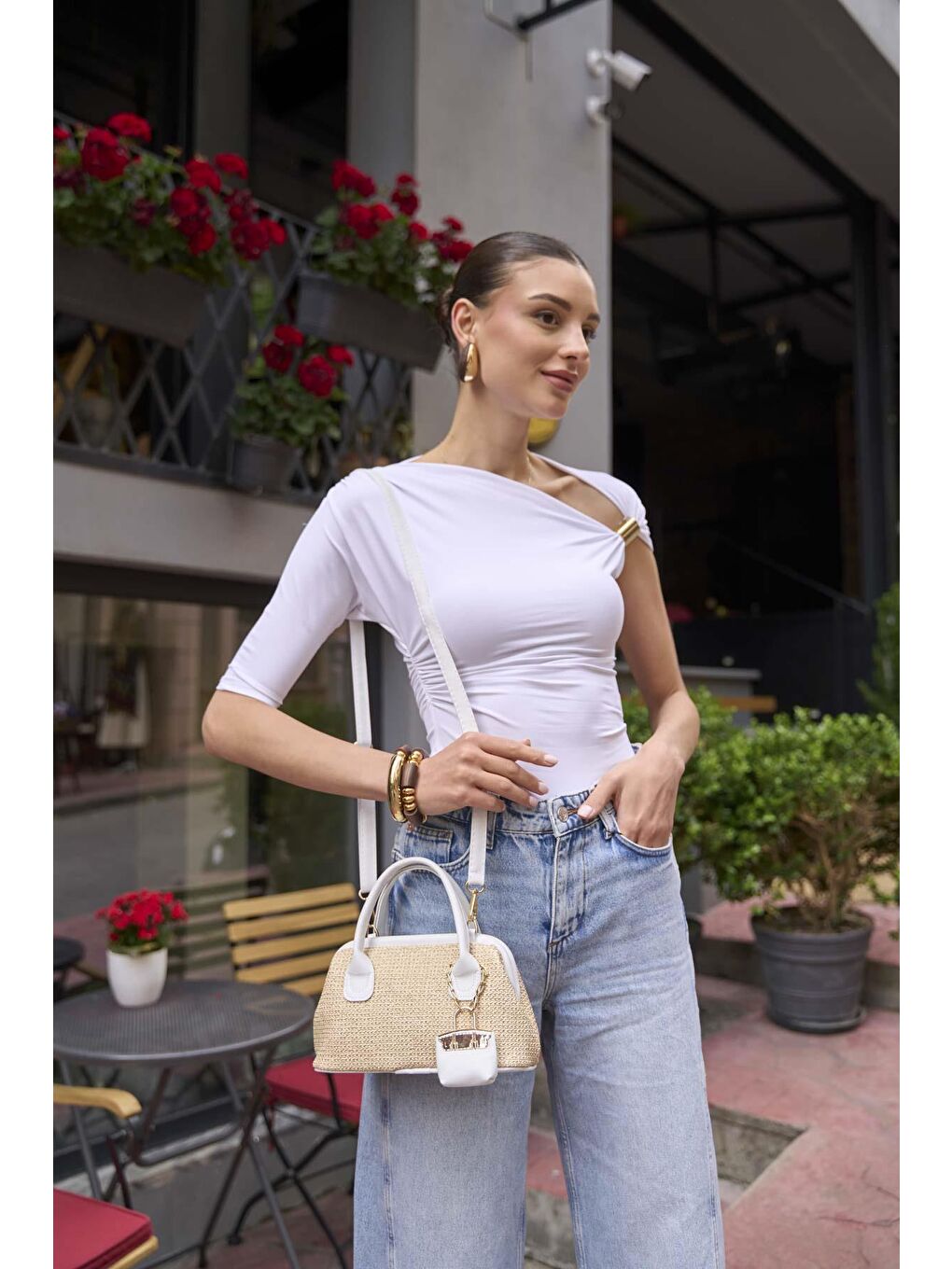 Hasır Dokulu Mini El Çantası Beyaz-4