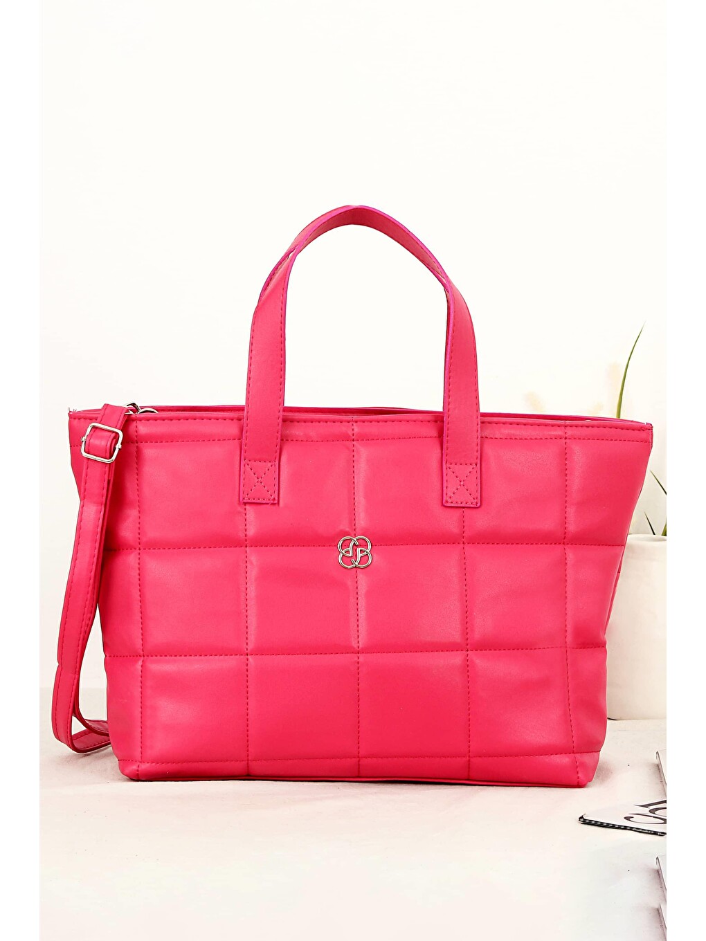 Fuşya Nori Kare Nakışlı Shopper Kadın Omuz Çantası Bp-4771o