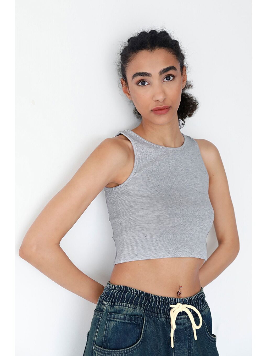 Gri Basic Fitilli Halter Yaka Modal Body