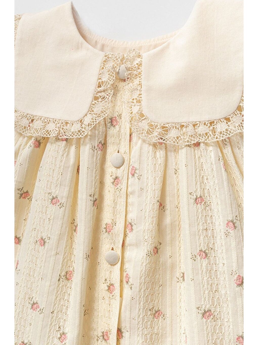 Ekru Dantel Yakalı Çiçekli Kız Bebek Elbise Ve Bandana Takımı-1