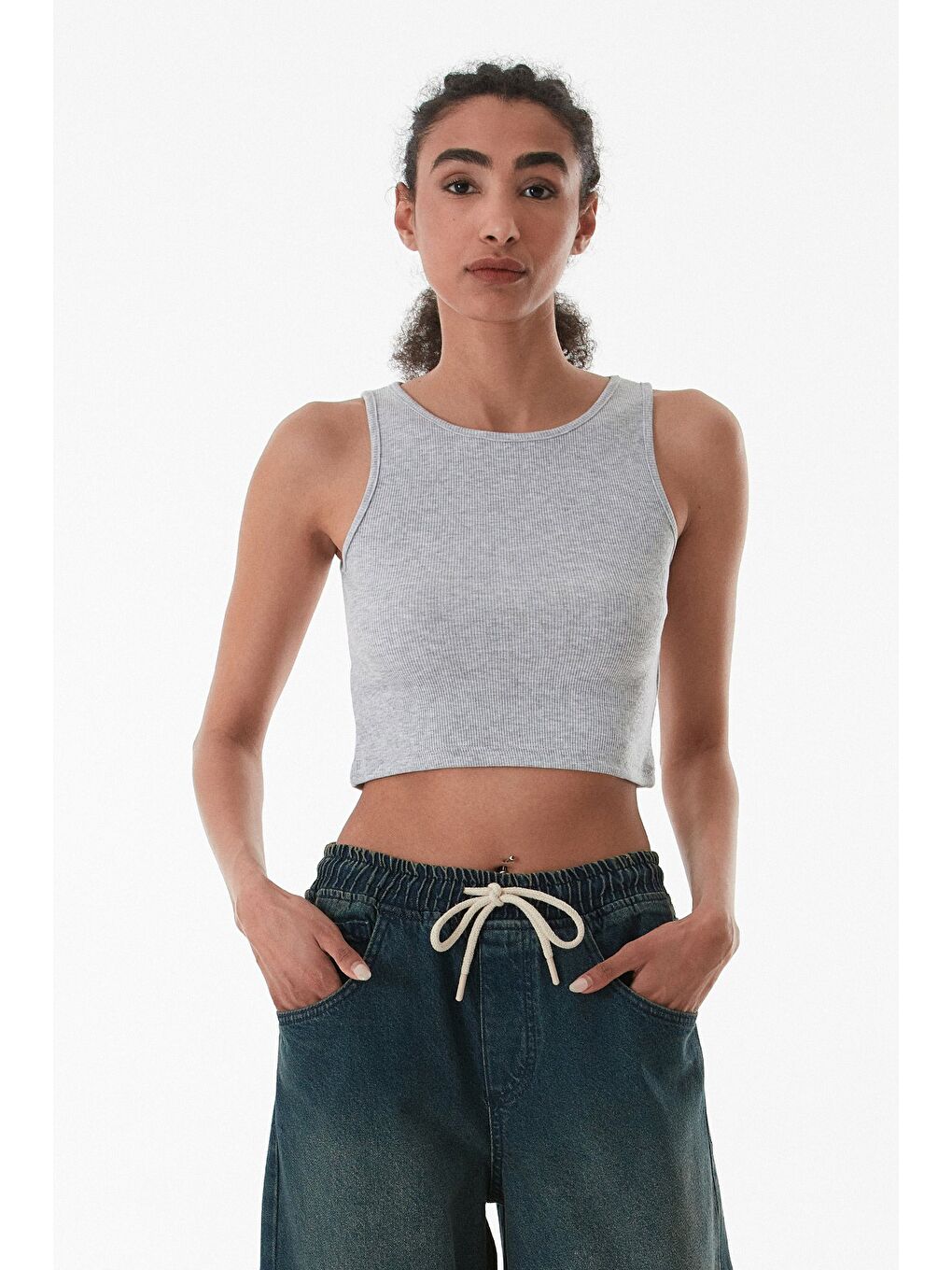 Gri Basic Fitilli Halter Yaka Modal Body-2