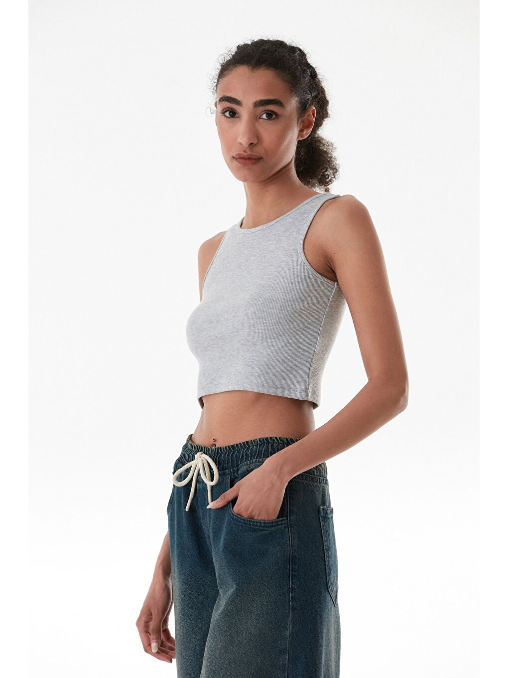 Gri Basic Fitilli Halter Yaka Modal Body-3