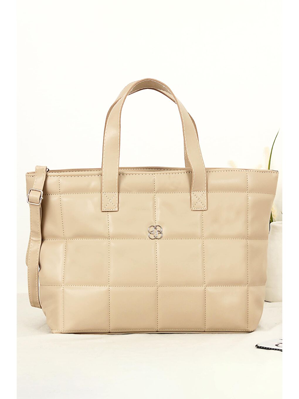 Bej Nori Kare Nakışlı Shopper Kadın Omuz Çantası BP-4771O