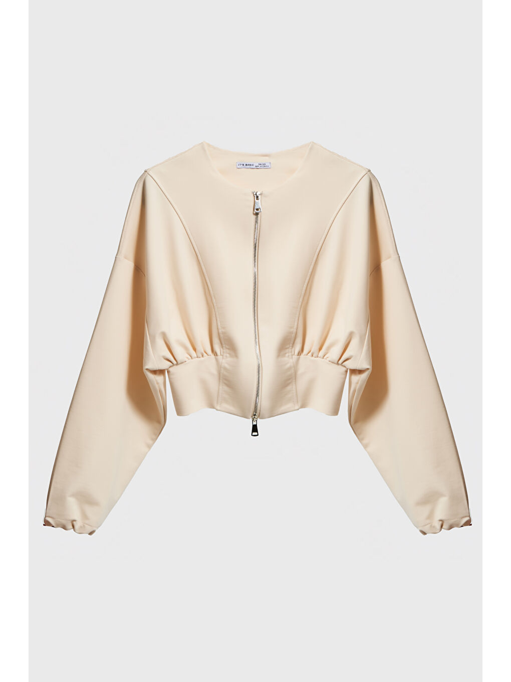 Kadın Ekru Renk w5-57 Bol Kesim Örme Esnek Kumaş Oversize Fermuarlı Sweatshirt-1