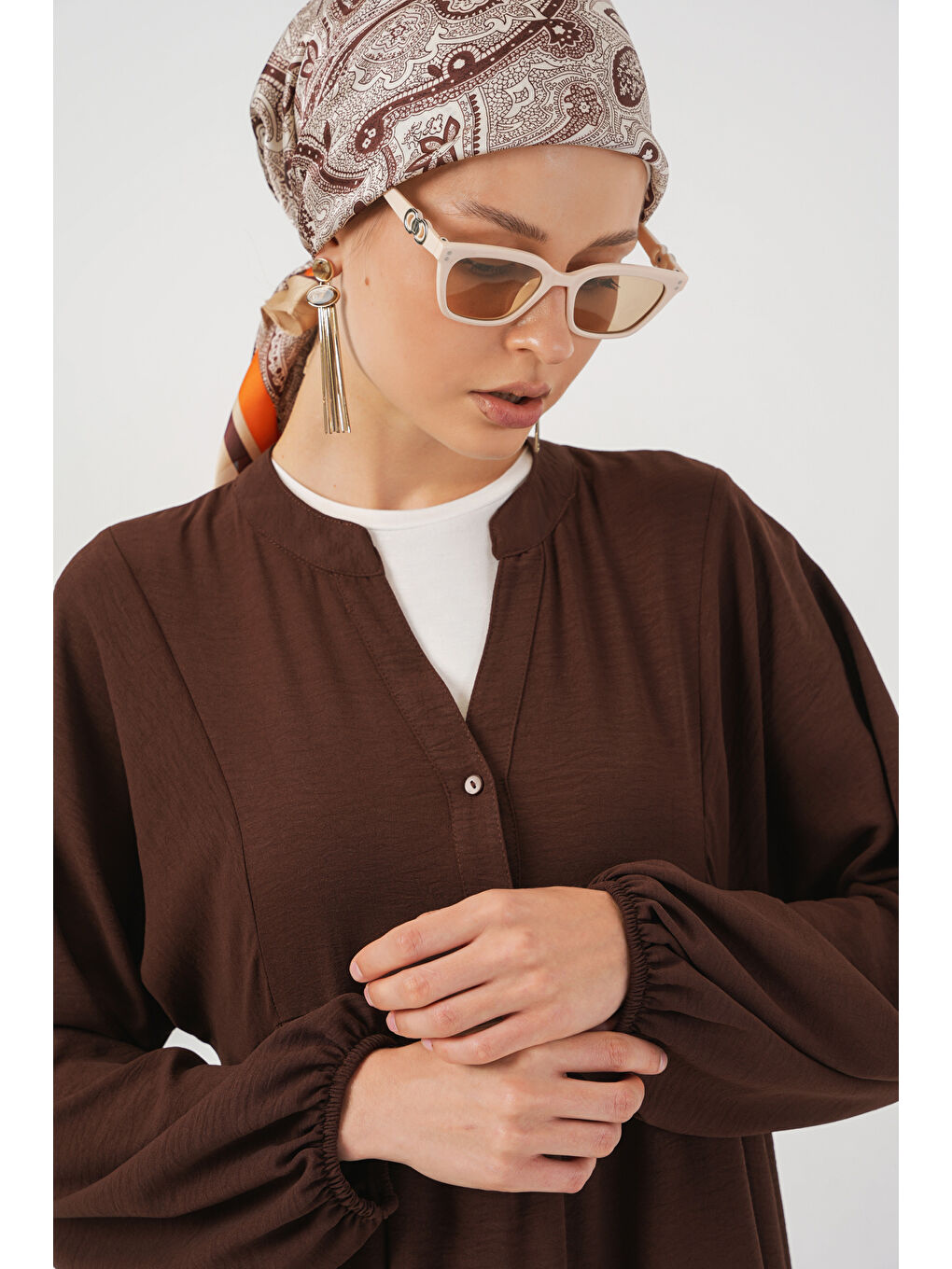 Kadın Uzun Tesettür Elbise 2525 - Kahverengi-4