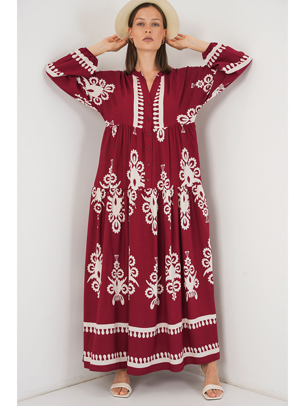 Kadın Desenli Uzun Tesettür Elbise 2585 - A.Bordo-2