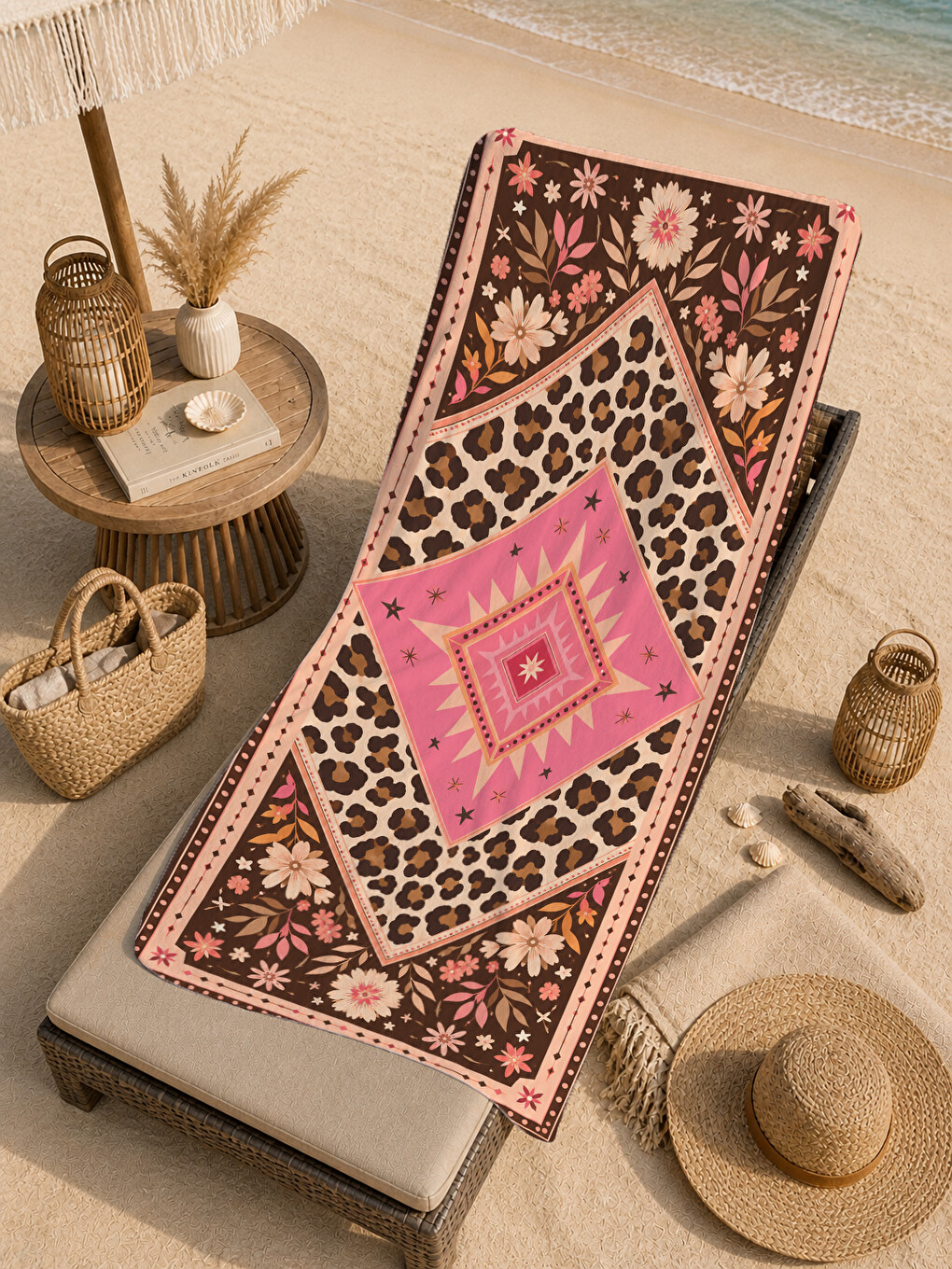 Bohem Leopar Pembe Geometrik Kilim Motifli Desenli 70x150 Plaj Havlusu - Pamuklu Banyo Havlusu