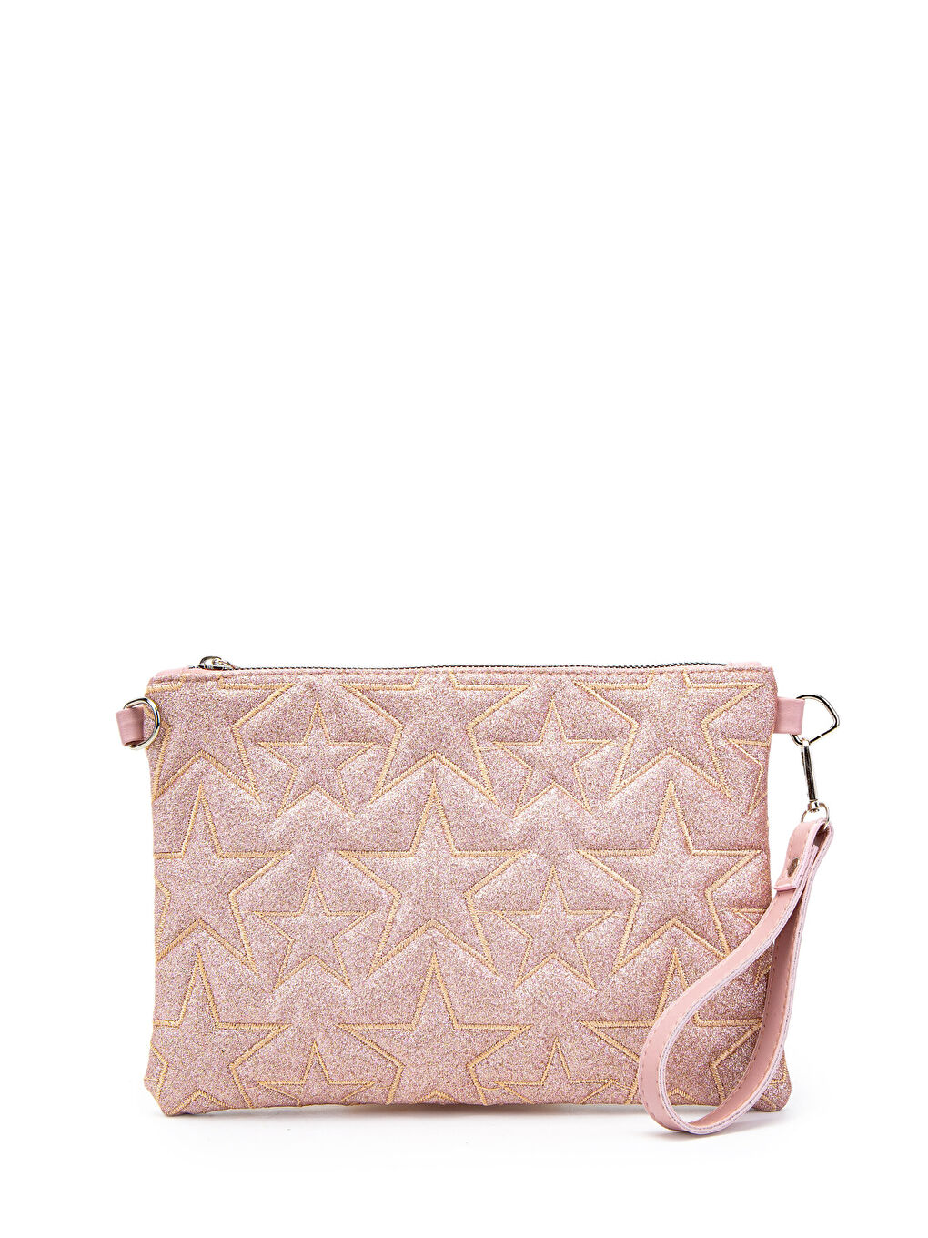 Pembe Yıldız Dikişli Clutch Star Kadın Çanta Simli Pudra-1