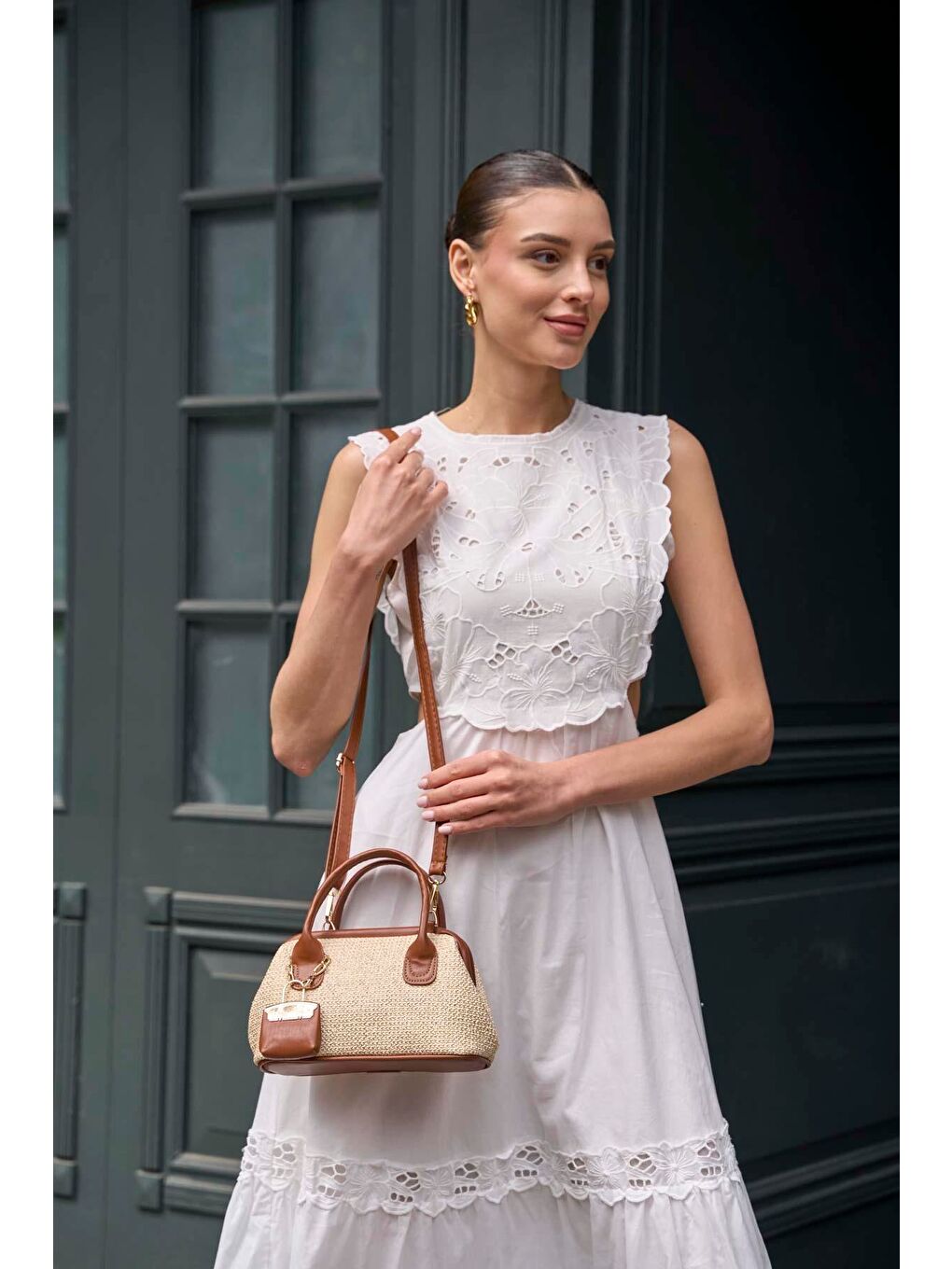 Kahverengi Hasır Dokulu Mini El Çantası Taba-5