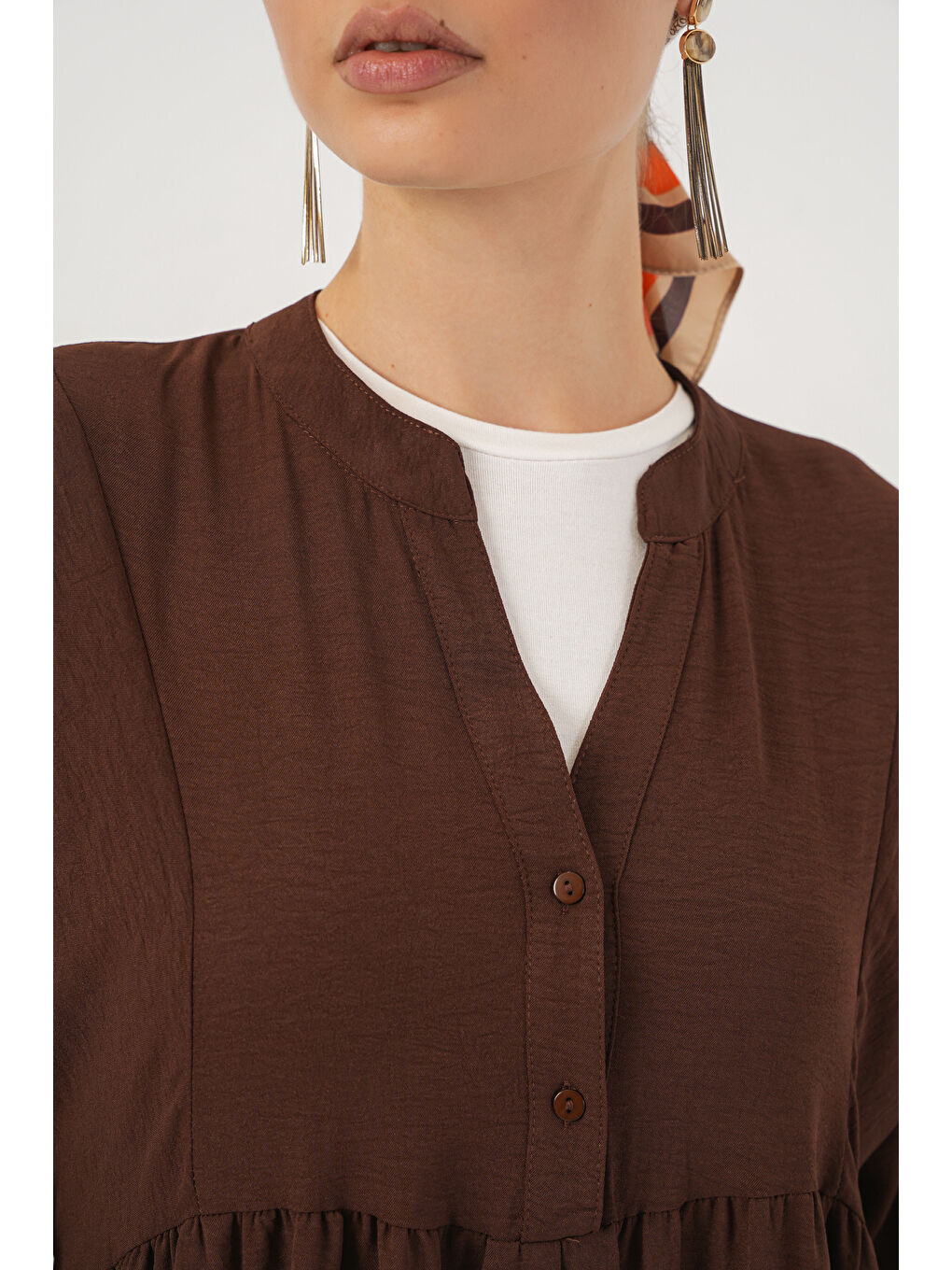 Kadın Uzun Tesettür Elbise 2525 - Kahverengi-5