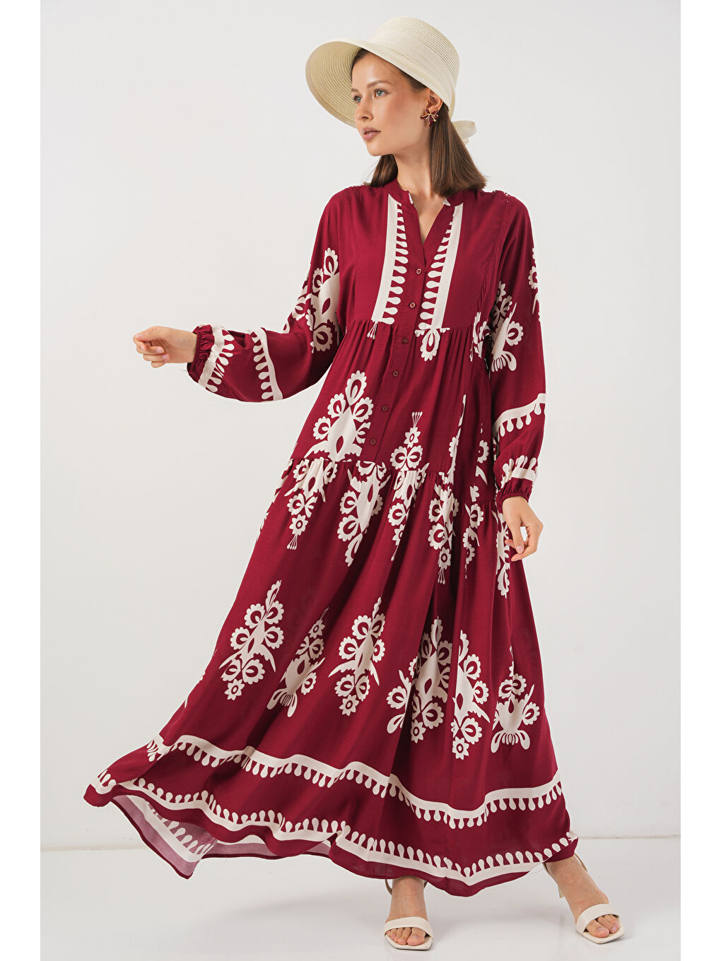 Kadın Desenli Uzun Tesettür Elbise 2585 - A.Bordo-3