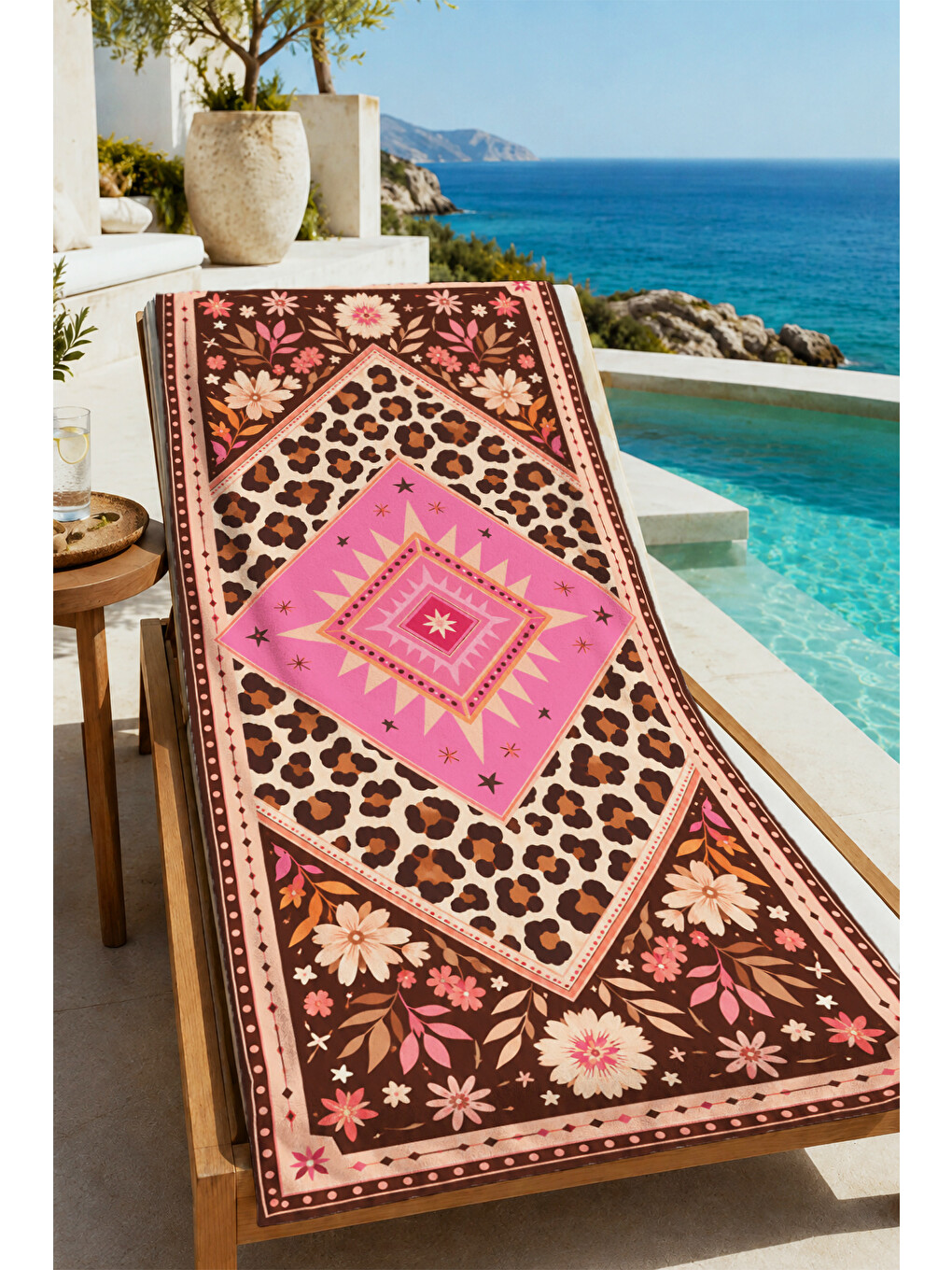 Bohem Leopar Pembe Geometrik Kilim Motifli Desenli 70x150 Plaj Havlusu - Pamuklu Banyo Havlusu-1