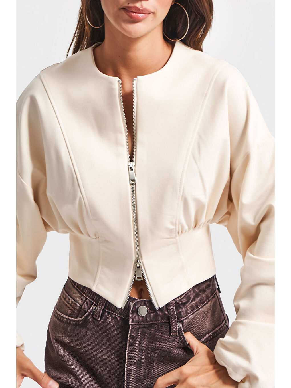 Kadın Ekru Renk w5-57 Bol Kesim Örme Esnek Kumaş Oversize Fermuarlı Sweatshirt-2