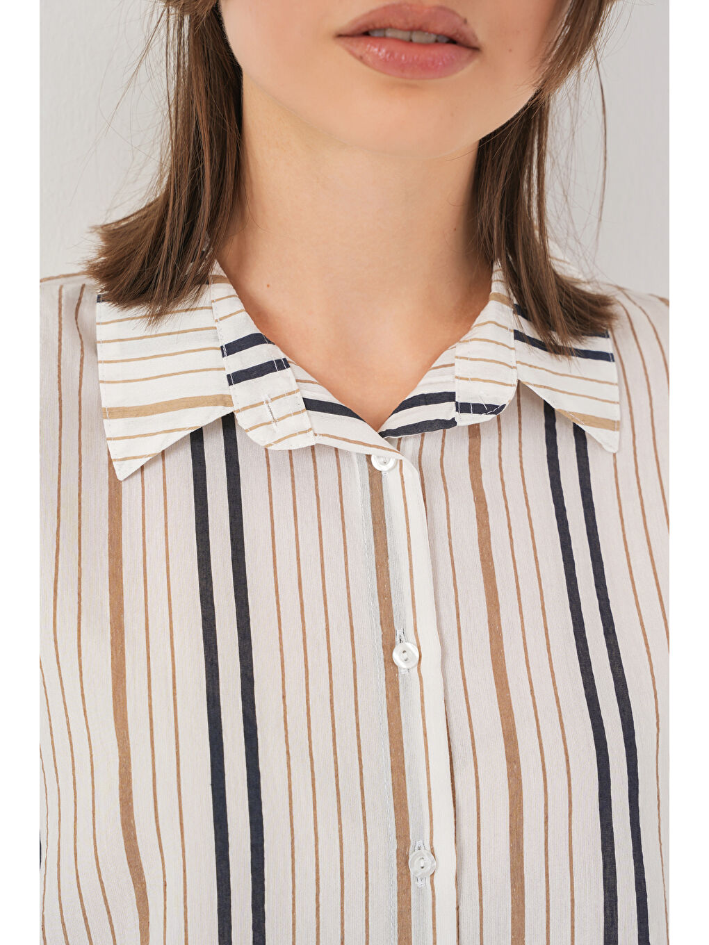 Kadın Çizgili Kısa Kol Gömlek 20345 - Bej-4