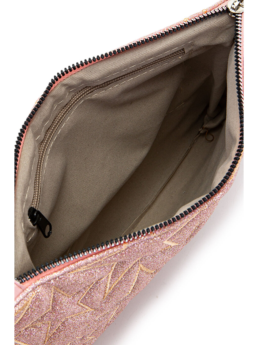 Pembe Yıldız Dikişli Clutch Star Kadın Çanta Simli Pudra-3