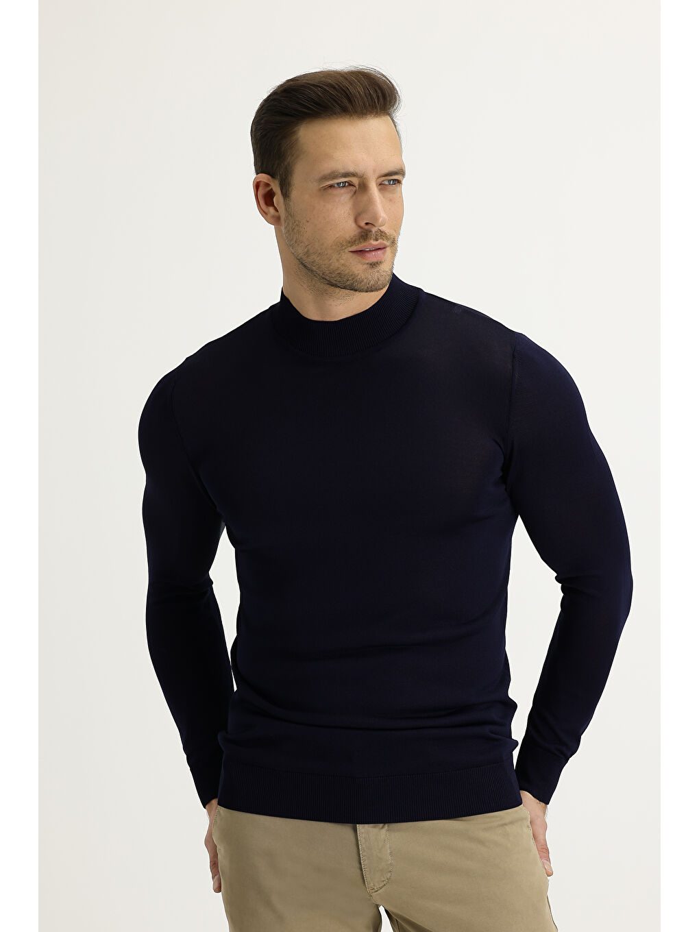 Lacivert Bato Yaka Slim Fit Dar Kesim Triko Kazak