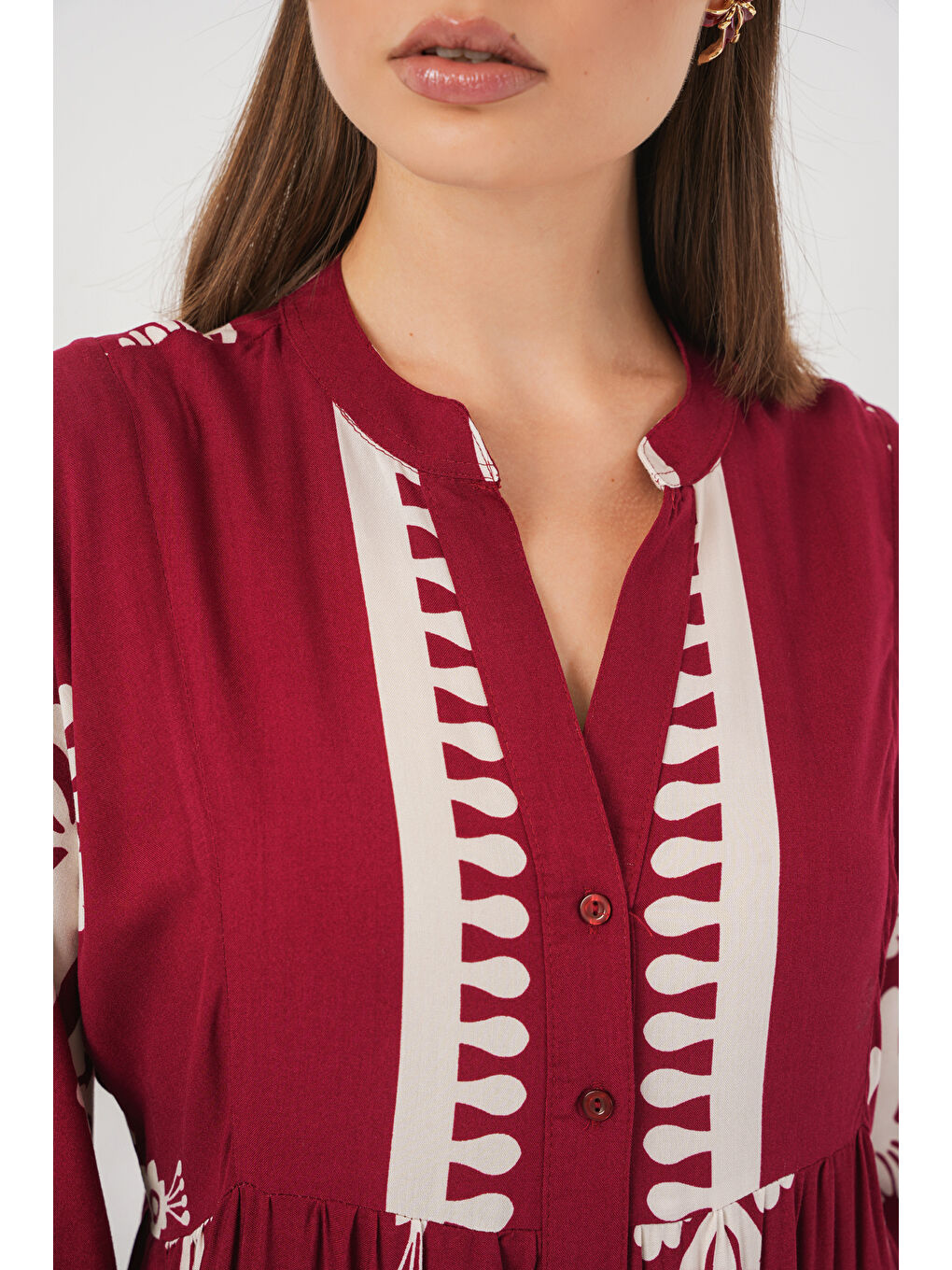 Kadın Desenli Uzun Tesettür Elbise 2585 - A.Bordo-4