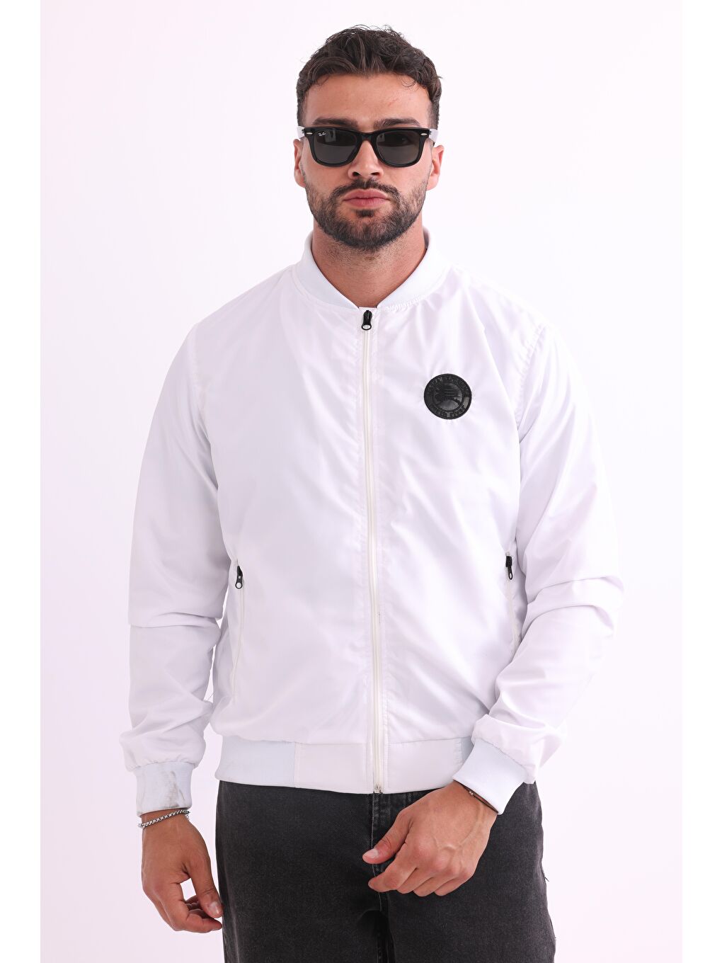Beyaz Erkek Kolej Yaka Rüzgara Dayanıklı Mevsimlik Spor Mont M-6-2
