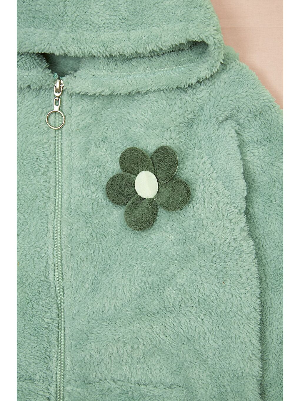 Yeşil Papatya Aksesuarlı Fermuarlı Kız Çocuk Pelüş Mont-2